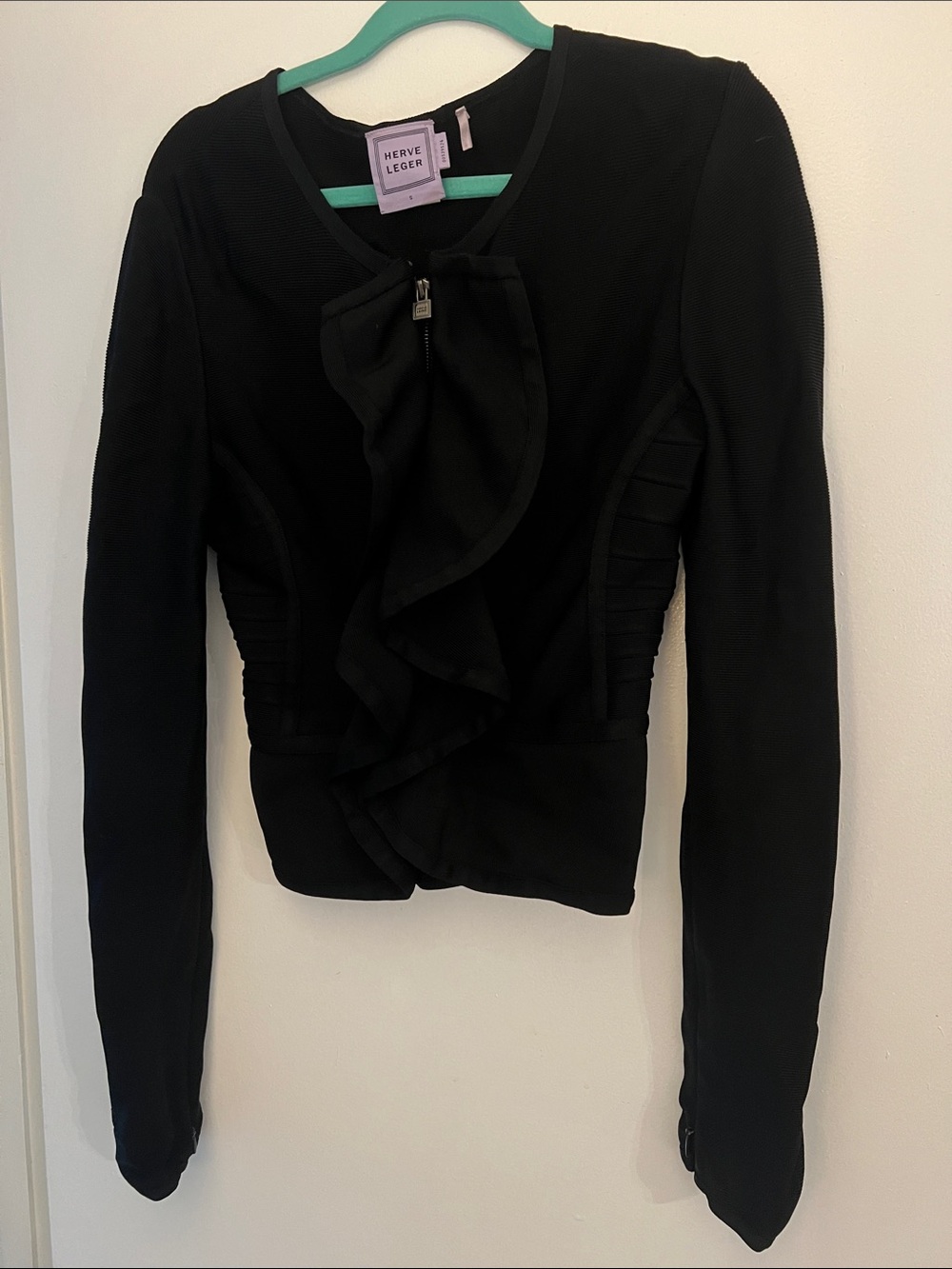 Herve Leger classic Black Ruffle-Front Long Zip-up Sleeve Top